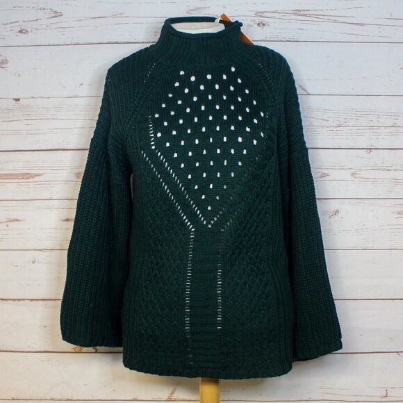 New W/ Tags One A Forest Green Mock Turtle Neck Sweater‎ Knit Wide Sleeves Large - Picture 1 of 6